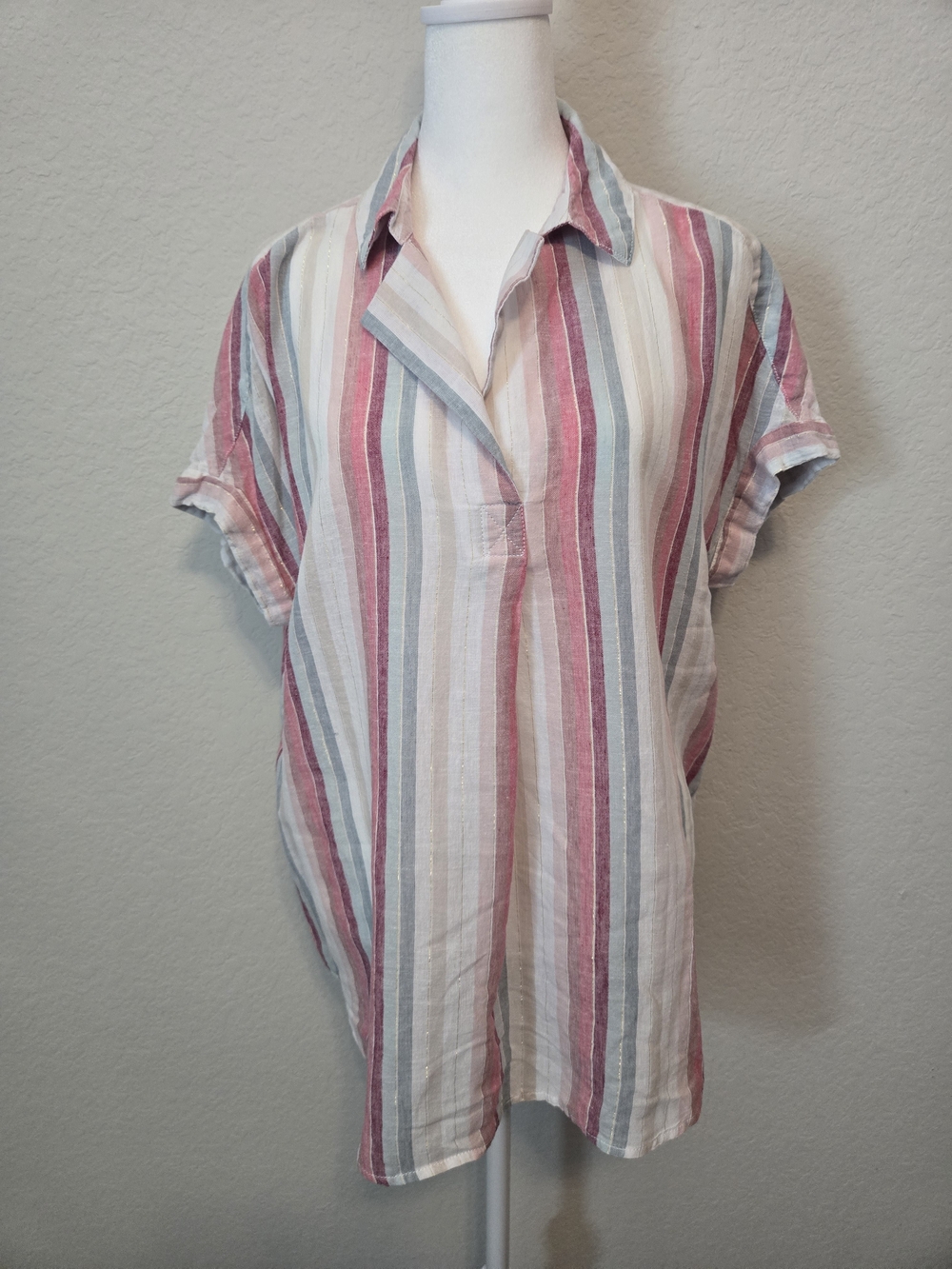 Striped V-Neck Short Sleeve Blouse in Pink & Blue